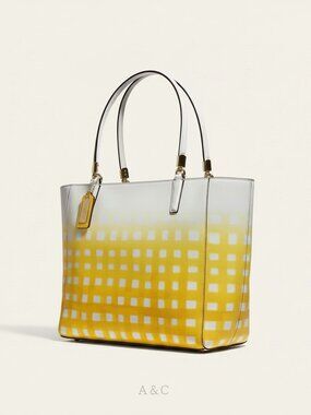 Coach Madison Gingham Tote Yellow White Ombre Saffiano Leather East West Rare